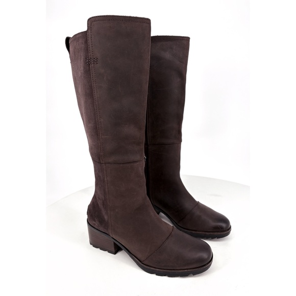 SOREL | Cate Tall Leather Block Heel Boots in Blackened Brown | 8.5 - Picture 3 of 14